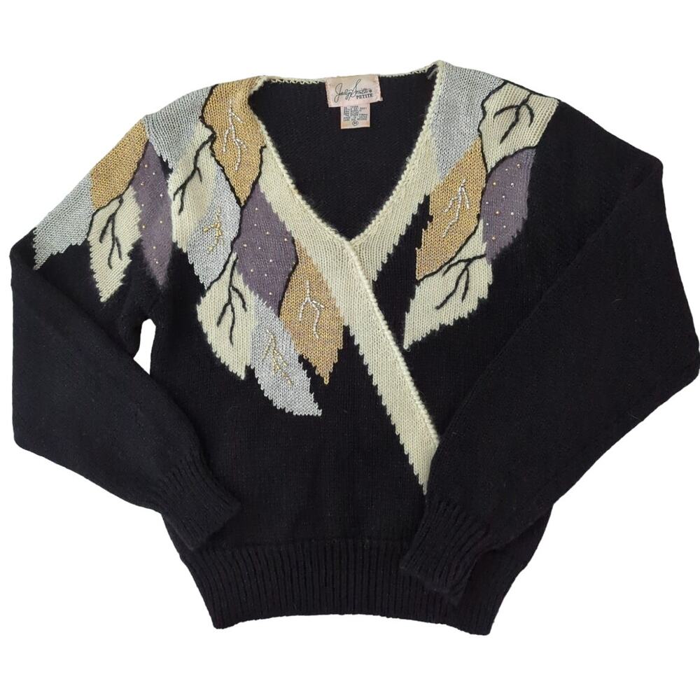 Vintage Jaclyn Smith V Neck Sweater Beaded Pearl Detail Women's Size Petite M